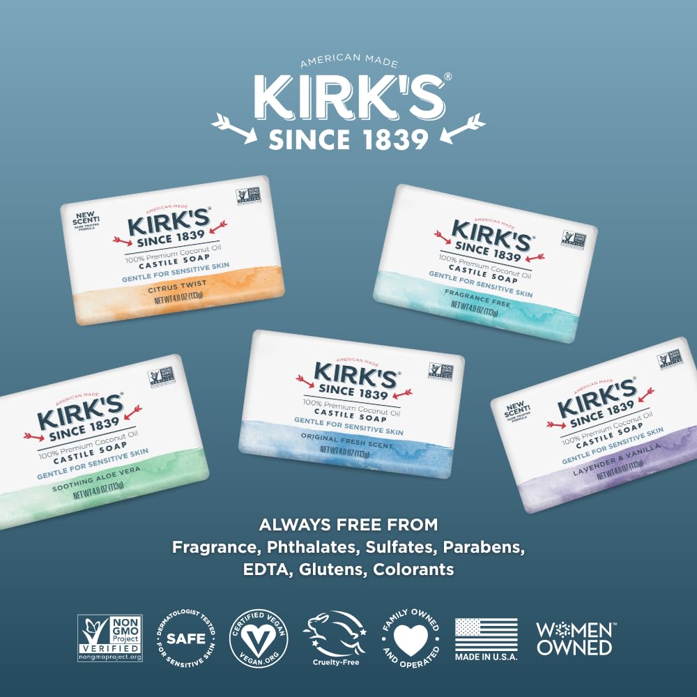 Kirk's Castile fragrance-free family-friendly bar in use for all ages