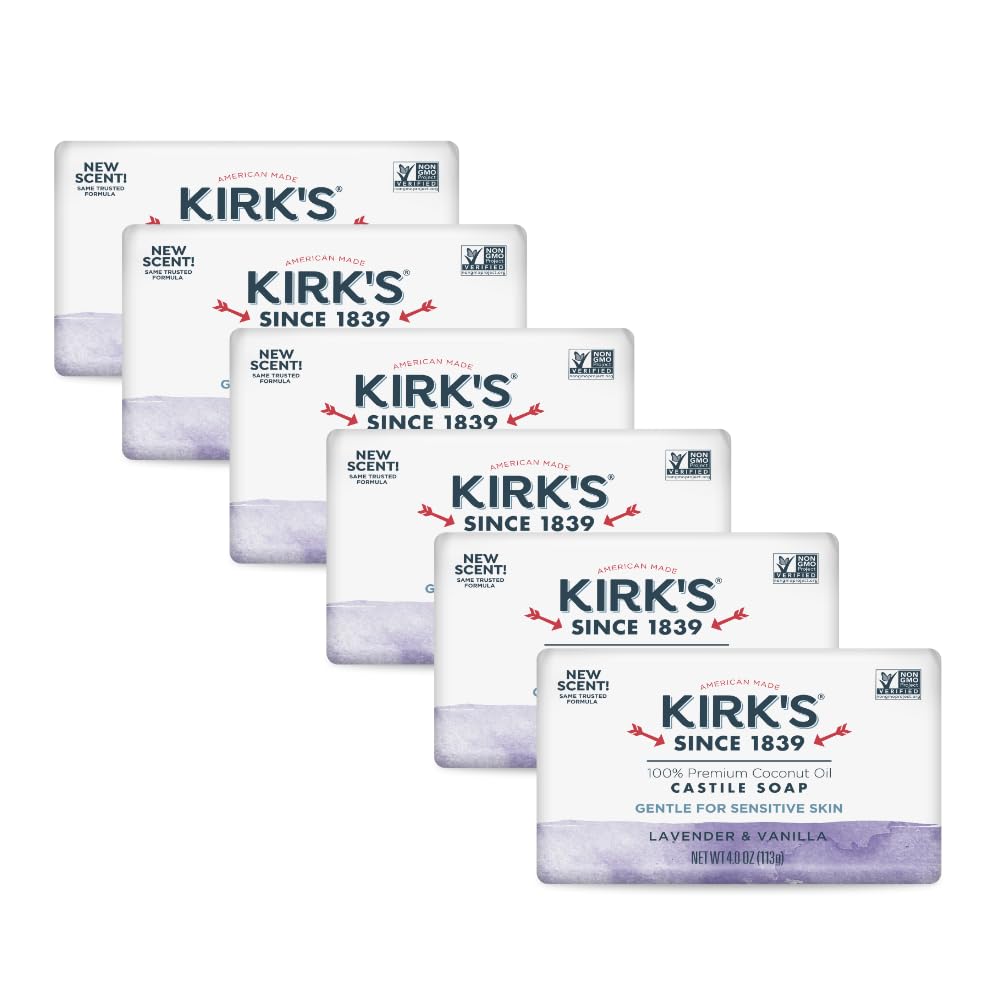Kirk's Castile Lavender-Vanilla closeup, soothing coconut oil cleansing for sensitive skin
