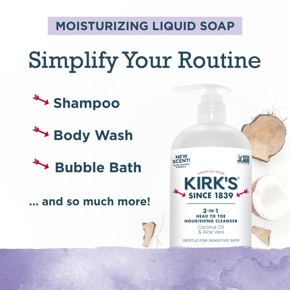 Kirk's Coconut oil Aloe vera ingredients highlight hydrating, skin-friendly formula.
