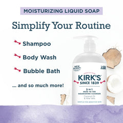 Kirk's Coconut oil Aloe vera ingredients highlight hydrating, skin-friendly formula.