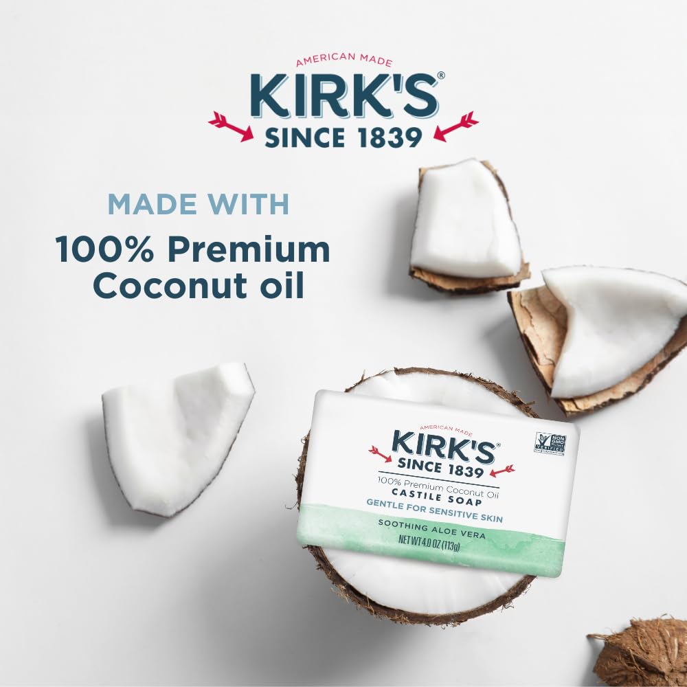 Kirk's Castile bar soap aloe vera close-up promoting gentle hydration after washing.