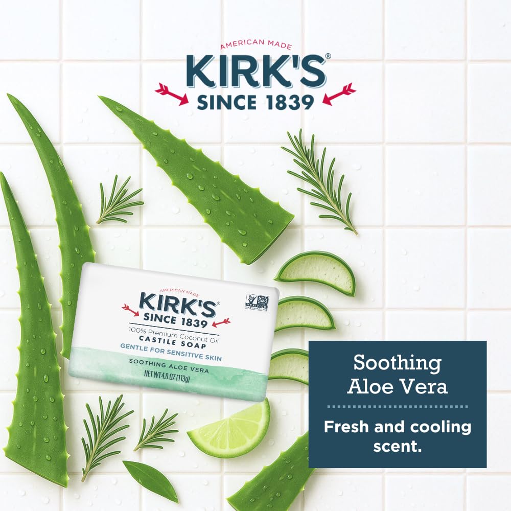 Kirk's Castile bar soap vegan non-GMO badge shown for safe family cleansing.
