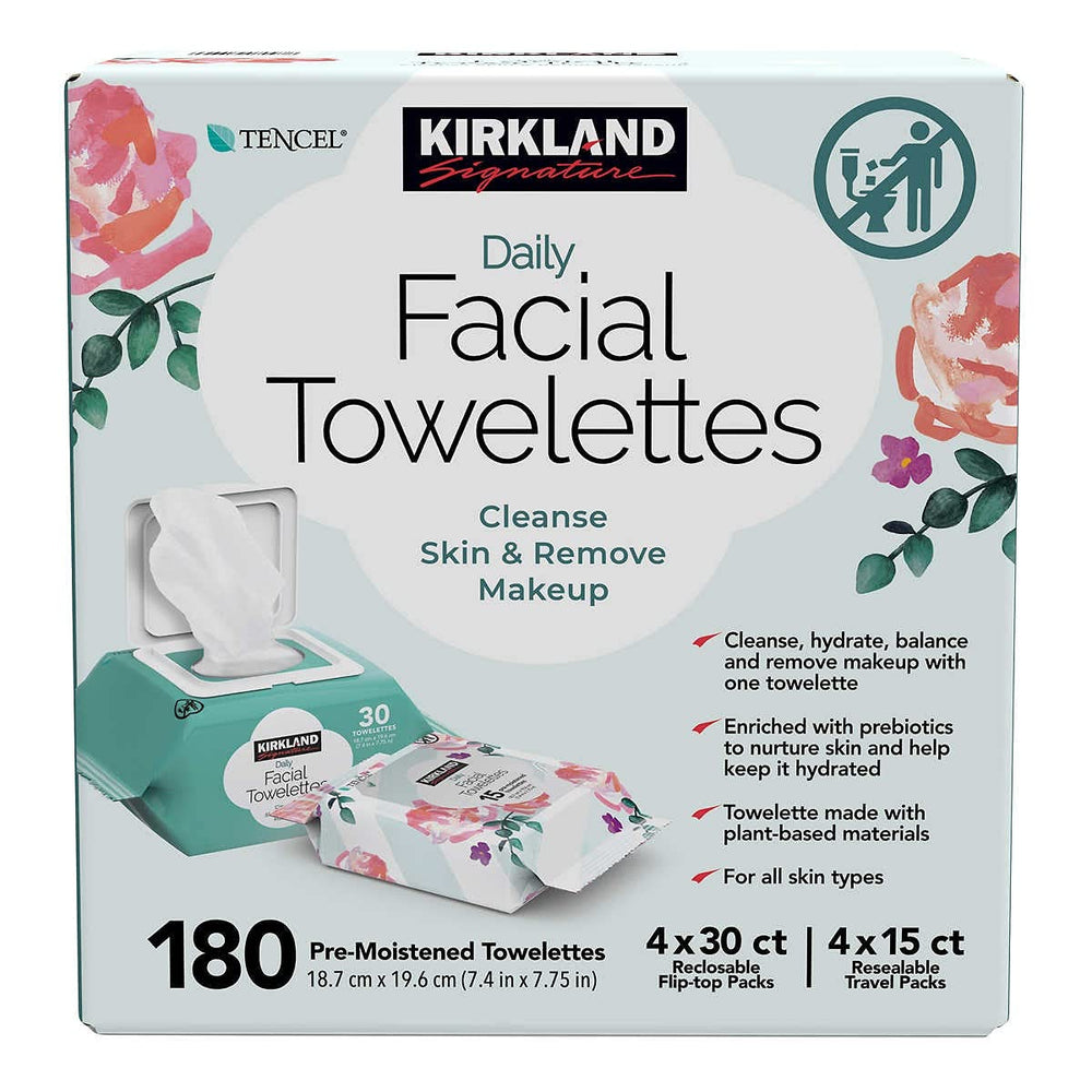 Kirkland Signature Daily Facial Towelettes in use for quick refresh on the go.