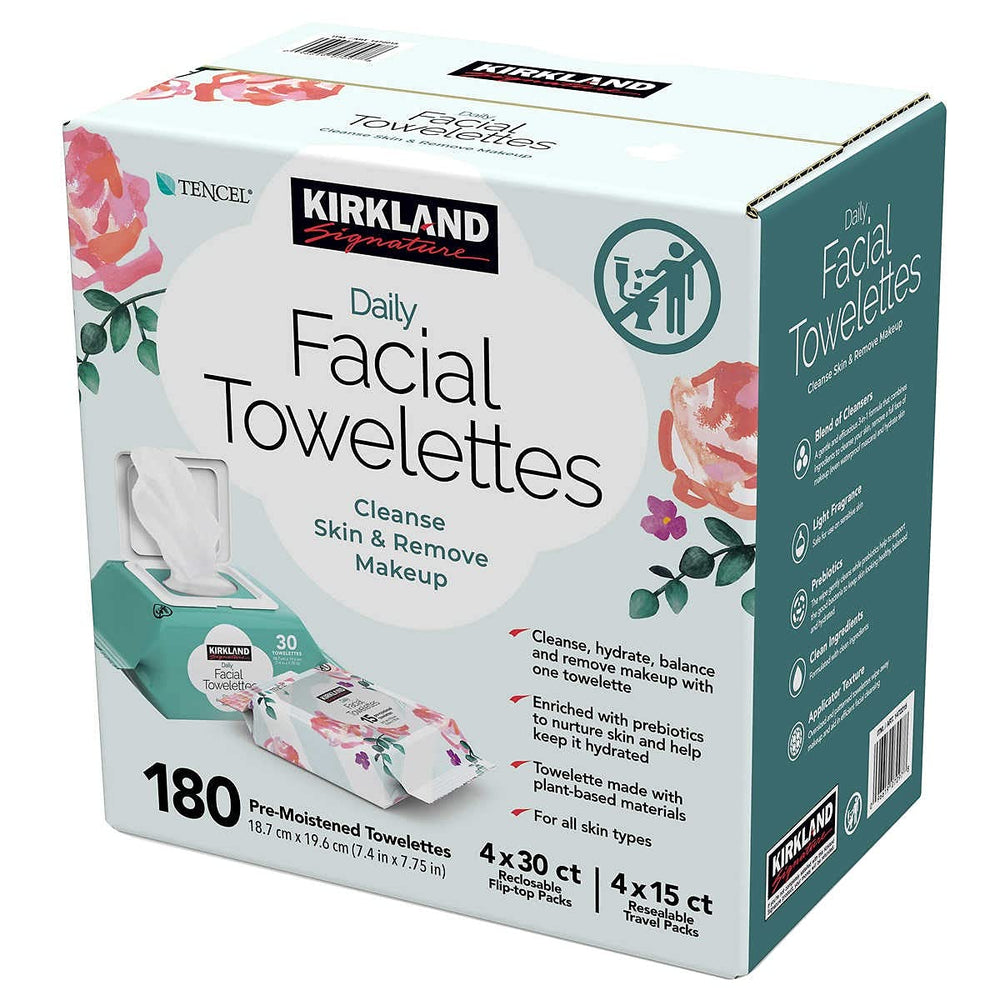 Kirkland Signature Daily Facial Towelettes pack back label with gentle cleansing details.