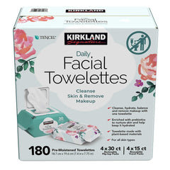 Kirkland Signature Daily Facial Towelettes pack front shows convenient daily cleansing.