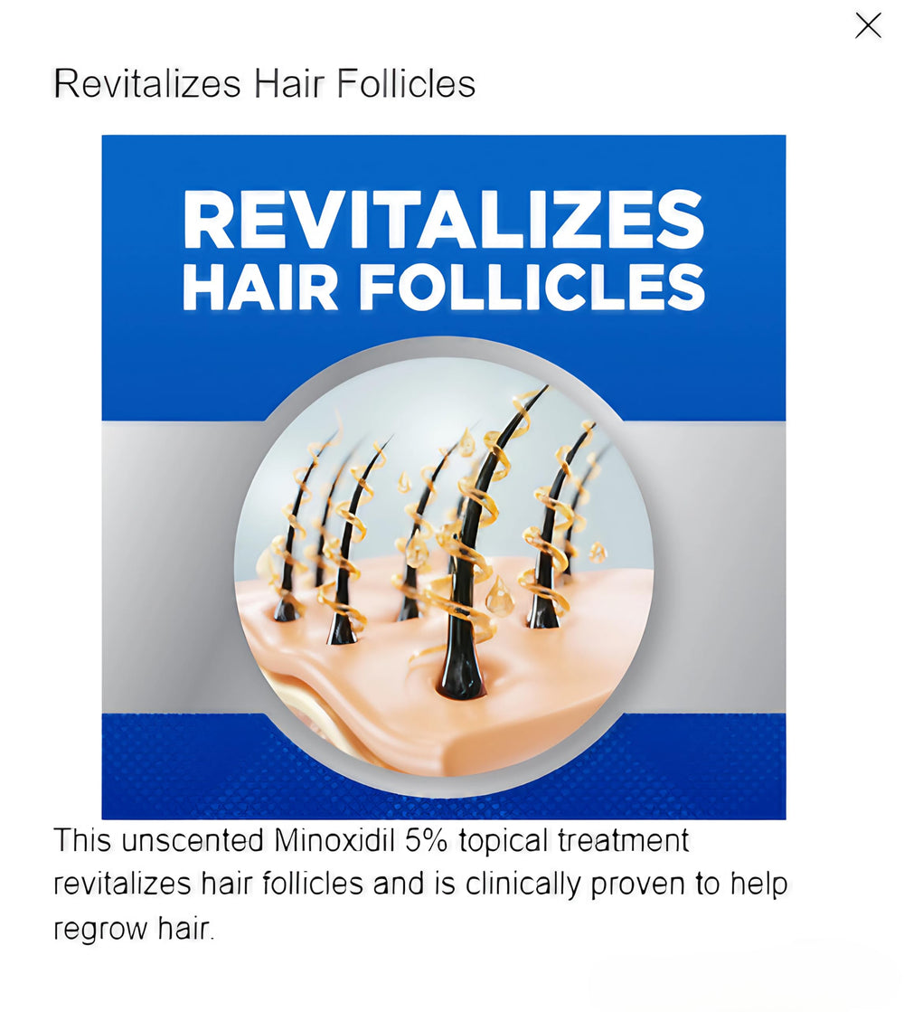 Kirkland Signature Minoxidil information booklet image highlighting usage guidance
