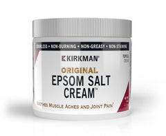 Kirkman epsom-salt-cream jar demonstrates easy daily application and non-greasy feel.