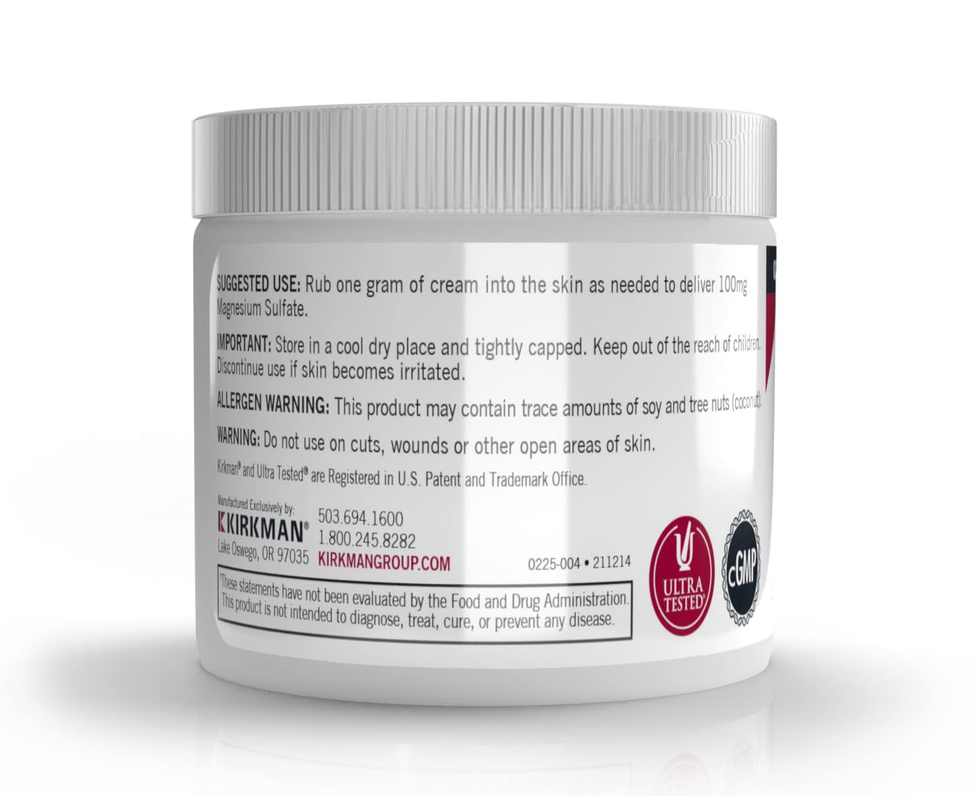 Kirkman epsom-salt-cream label detail highlights gluten-free and casein-free claim.