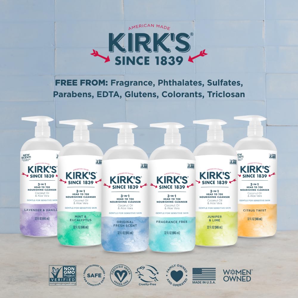Kirks 3-in-1 32oz pump bottle emphasizes value and easy dispensing.