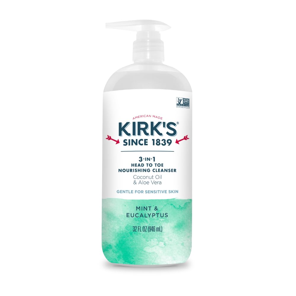 Kirk's 3-in-1 head-to-toe cleanser in pump bottle for convenient all-in-one cleansing