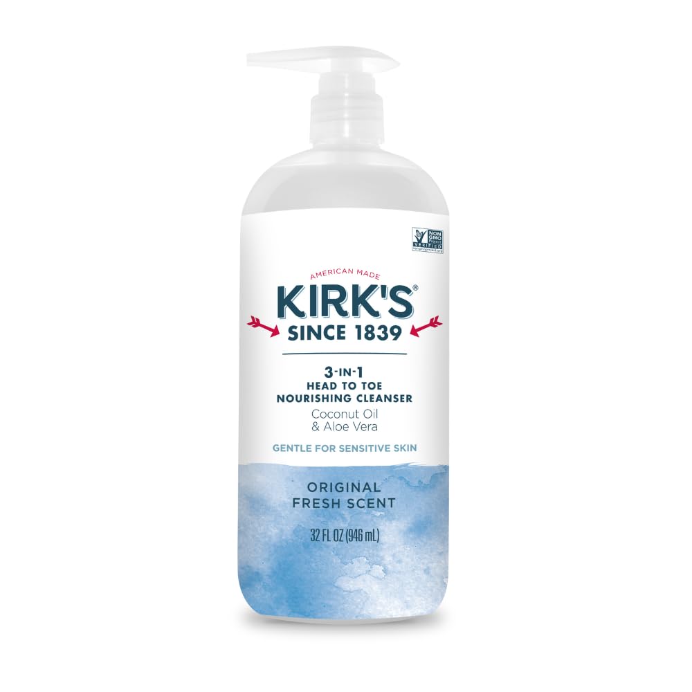 Kirk's 3-in-1 cleanser in pump bottle for head-to-toe cleansing and family use.