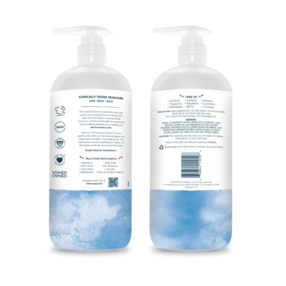 Kirks 3-in-1 coconut oil highlight emphasizes plant-based hydration.