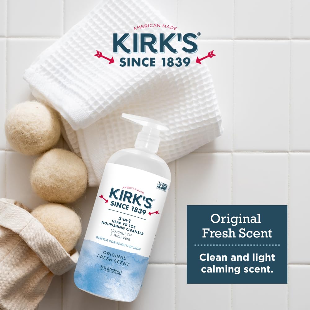 Kirks 3-in-1 creamy lather demonstrates body and hair cleansing in one step.