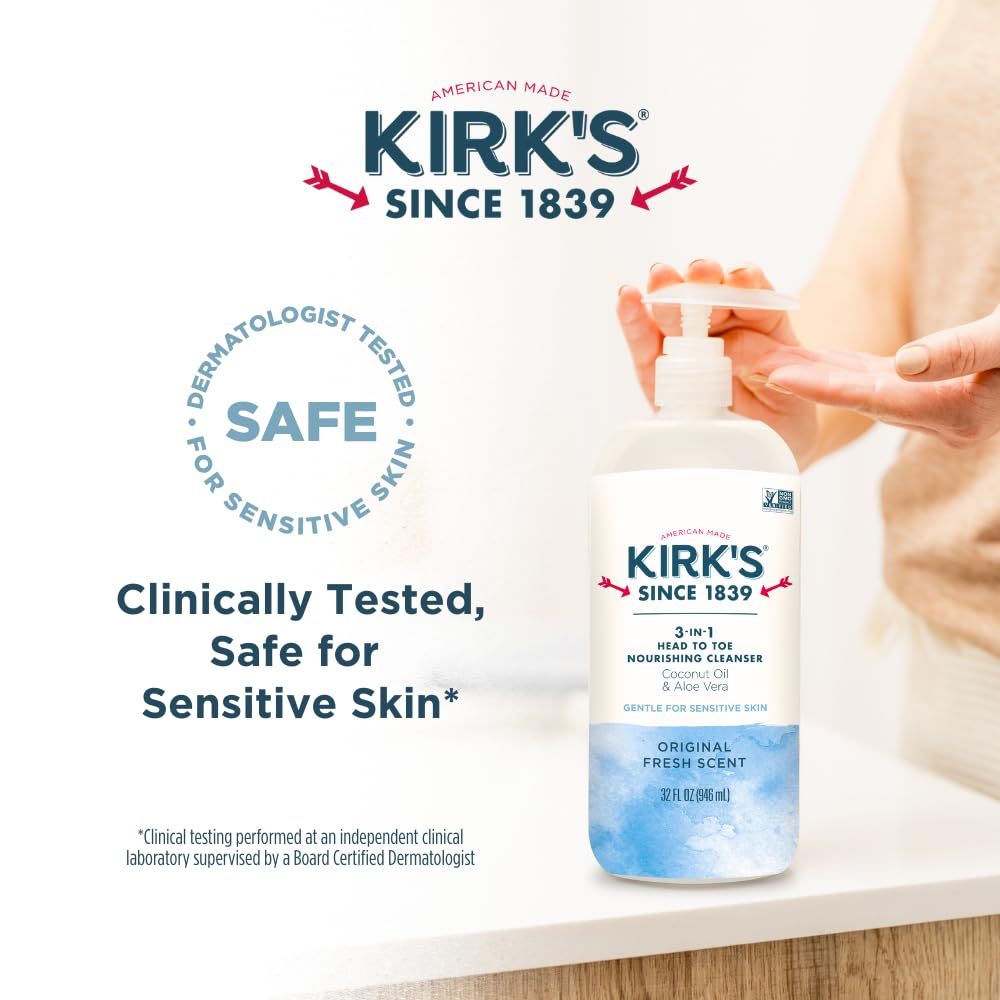Kirk's 32 oz pump bottle shown in shower for convenient daily use.