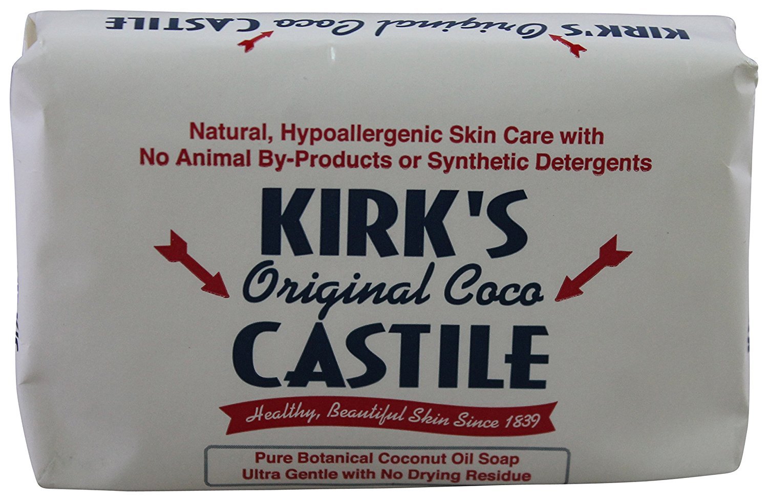 Kirk's Castile Original Coco soap bar close-up, gentle cleansing for sensitive skin.