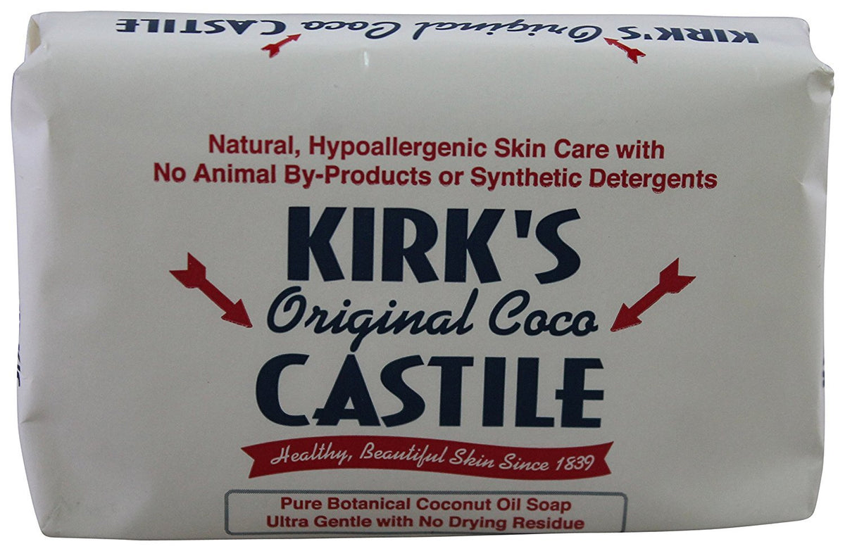 Kirk's Castile Original Coco soap bar close-up, gentle cleansing for sensitive skin.