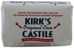 Kirk's Castile Original Coco soap bar close-up, gentle cleansing for sensitive skin.