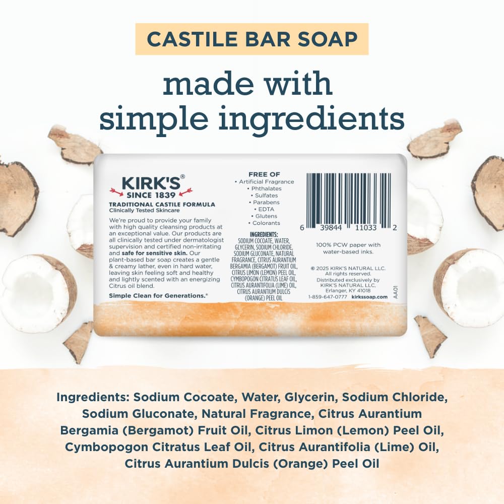 Kirk's Castile Citrus Twist bar on a dish—gentle daily cleansing.