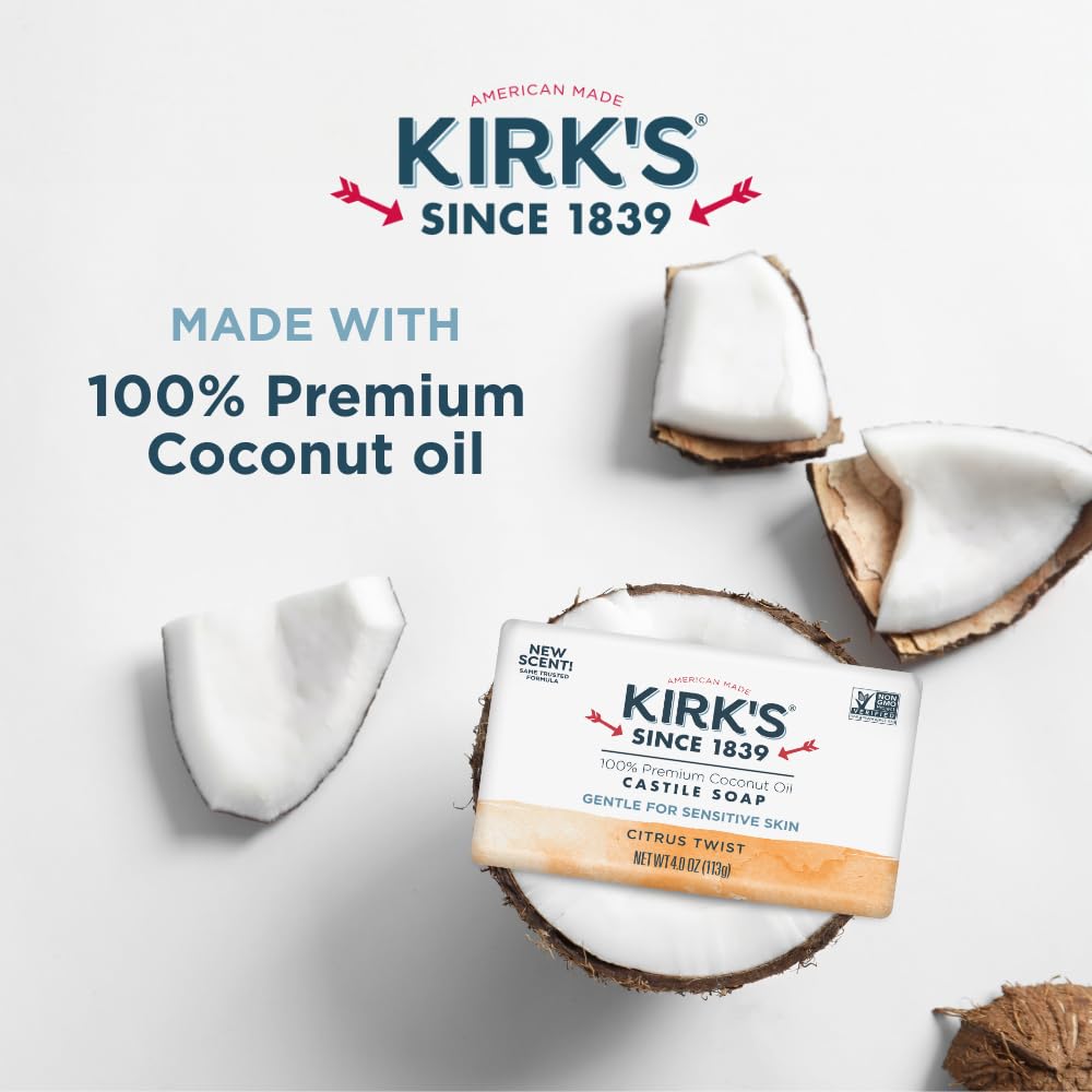 Kirk's Castile Citrus Twist label—vegan and non-GMO ingredients highlighted.