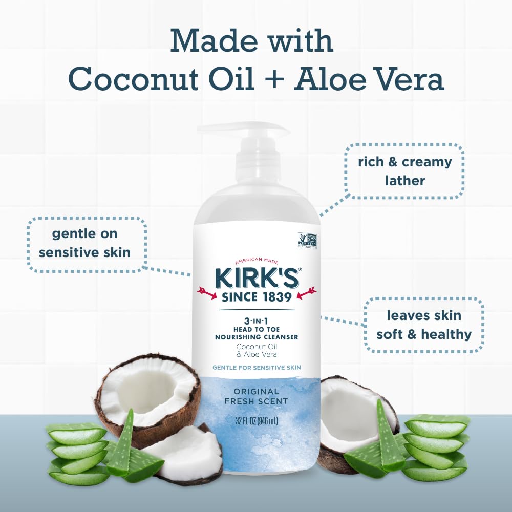 Kirk's mint-eucalyptus scent shampoo and body wash with creamy lather for refreshing showers.
