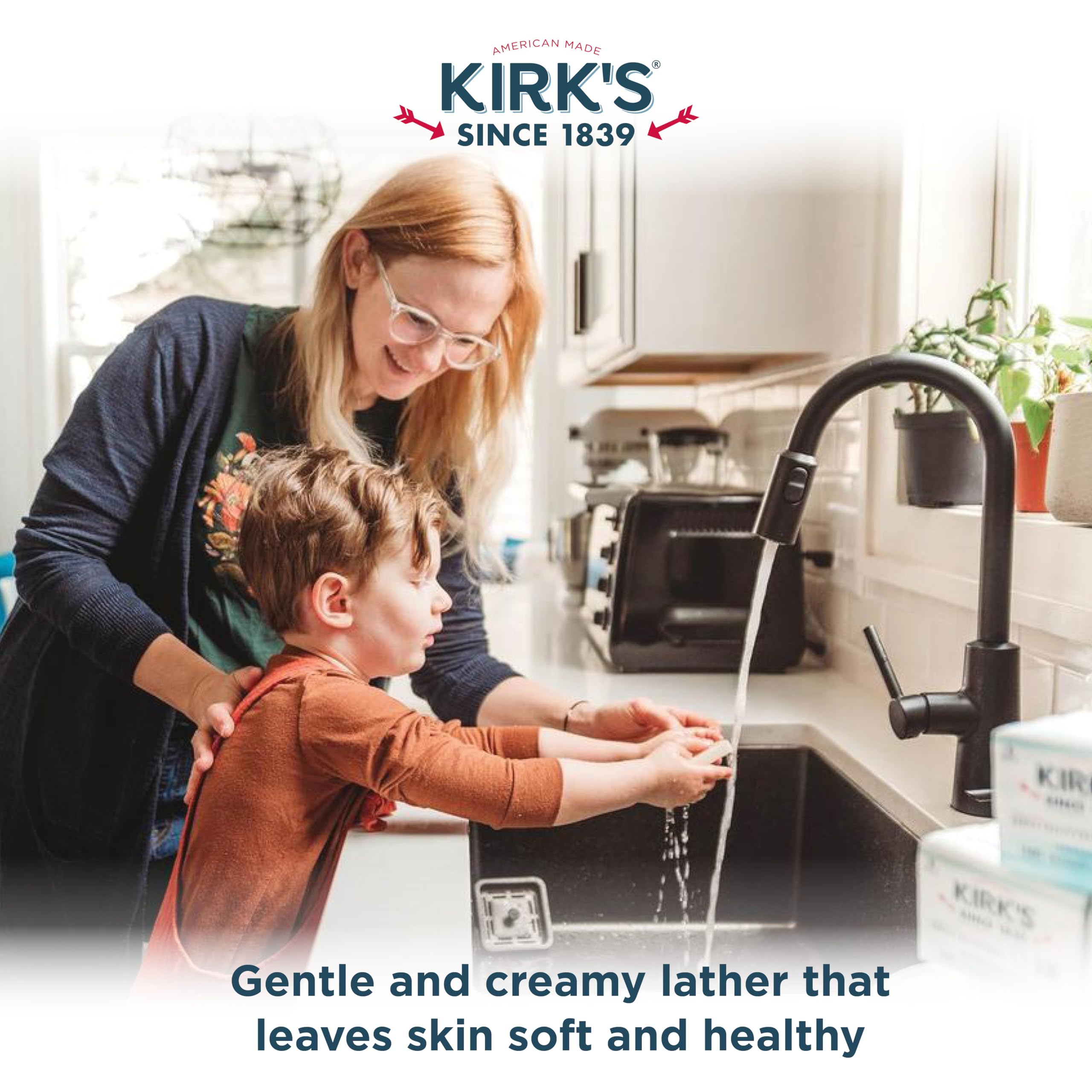 Baby bath scene using Kirk's fragrance-free castile soap for delicate cleansing.