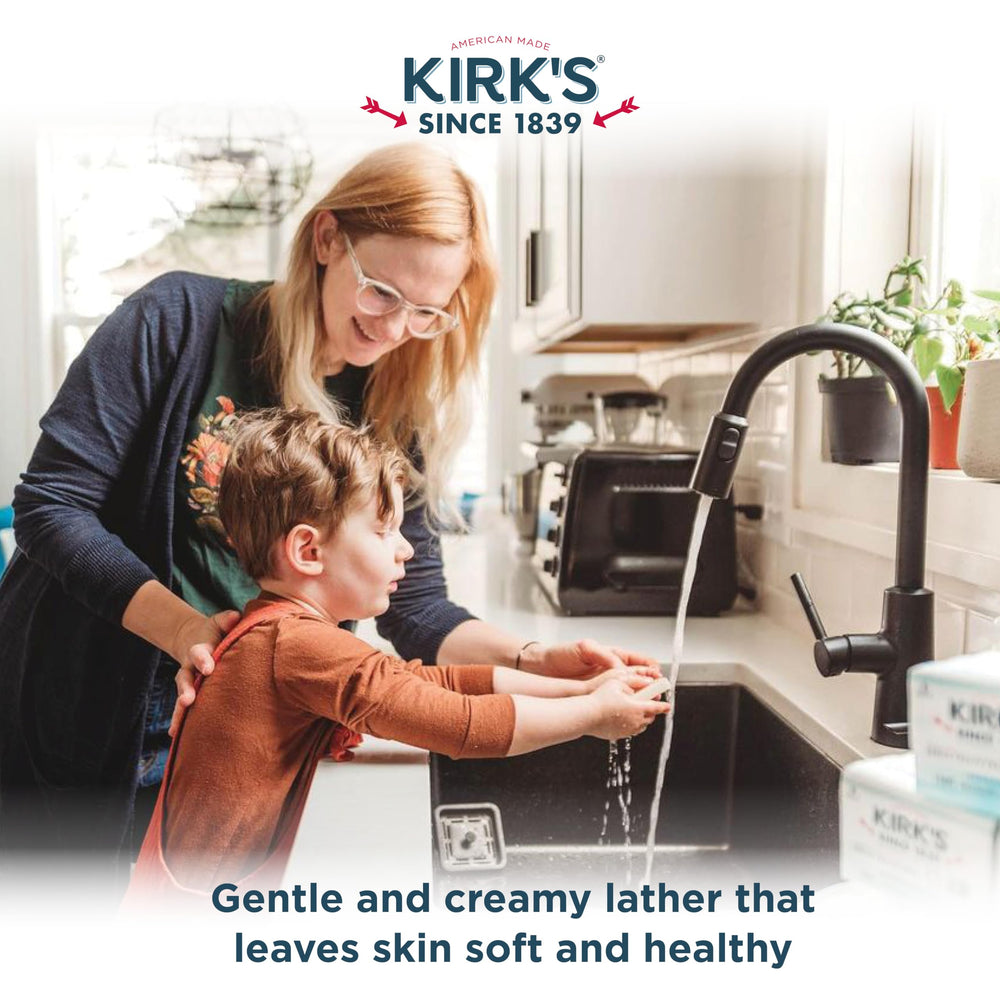 Baby bath scene using Kirk's fragrance-free castile soap for delicate cleansing.