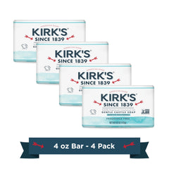 Kirk's Coco Castile Soap fragrance-free bar front shows gentle cleansing.