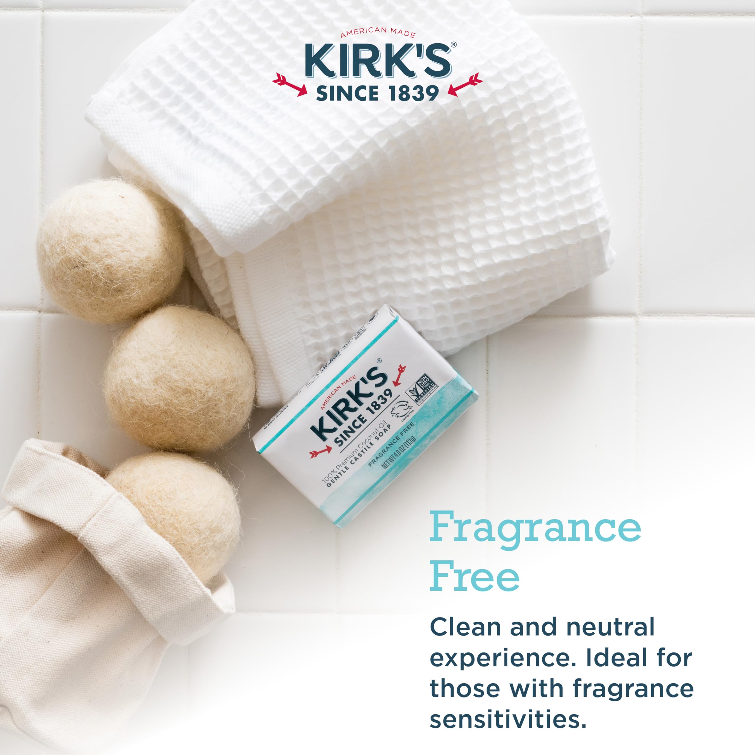 Bathroom scene with Kirk's soap for everyday hand and body cleansing.