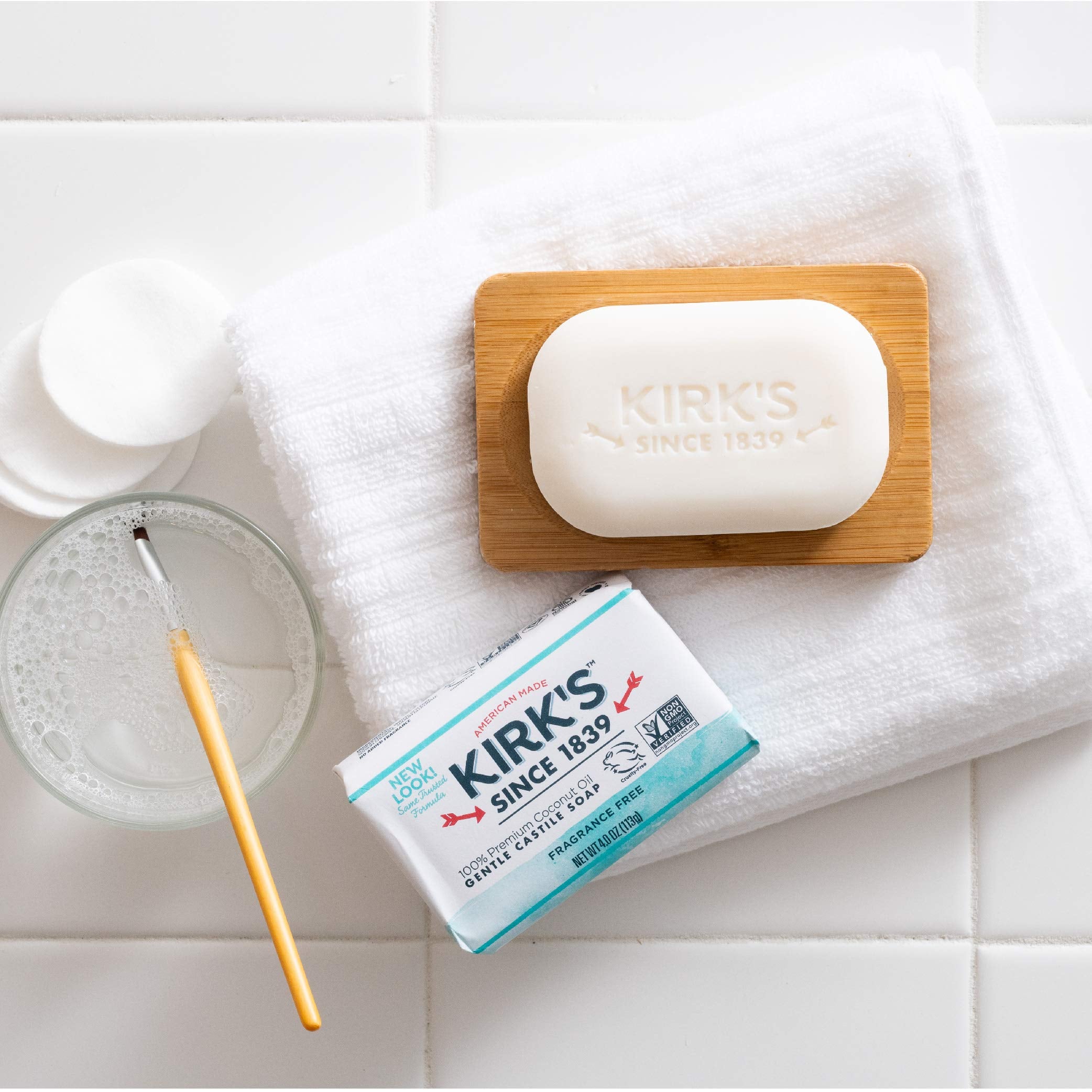 Kirk's fragrance-free castile soap bar lather demonstration for gentle cleansing