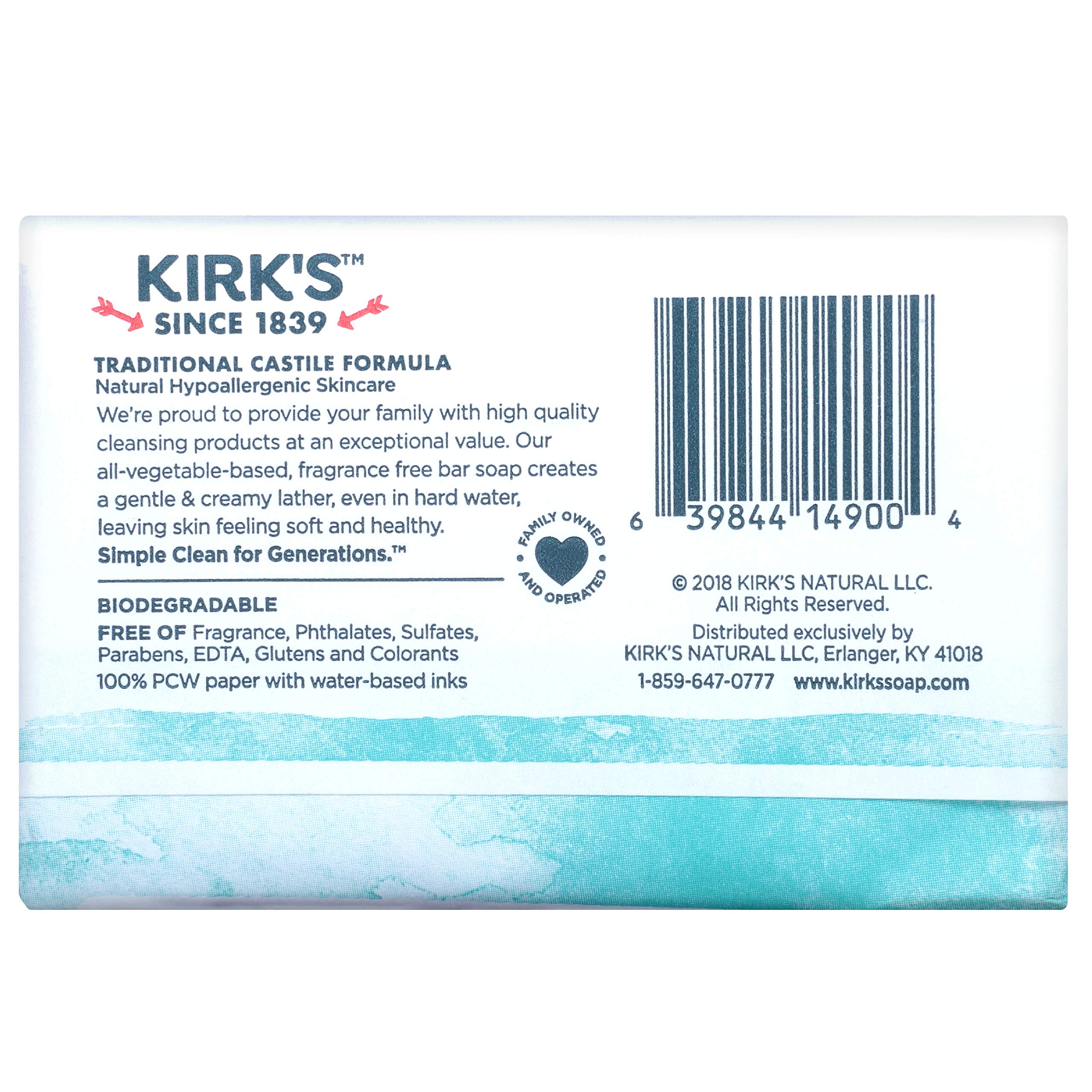 Kirk's Original Coco Castile fragrance-free bar with biodegradability emphasis