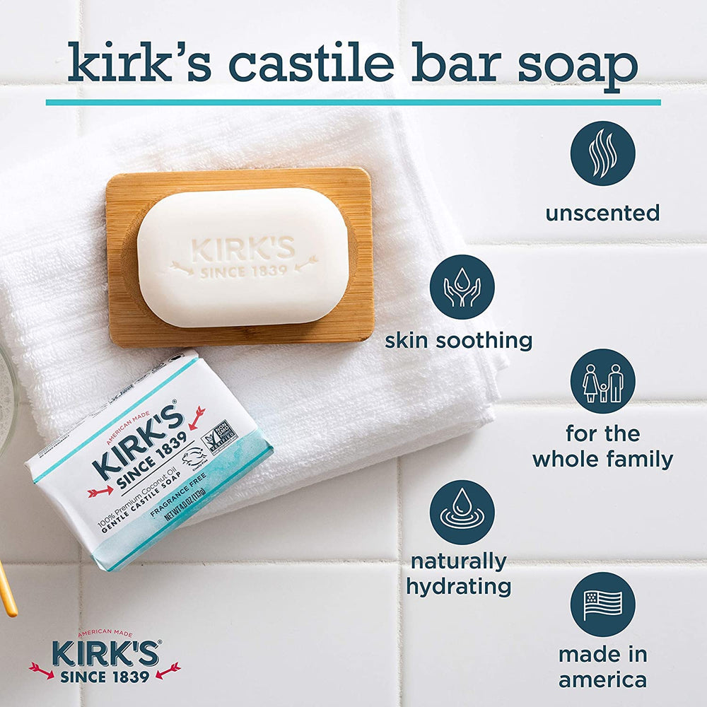 Kirk's fragrance-free bar closeup—coconut oil-based cleanse ideal for sensitive skin.