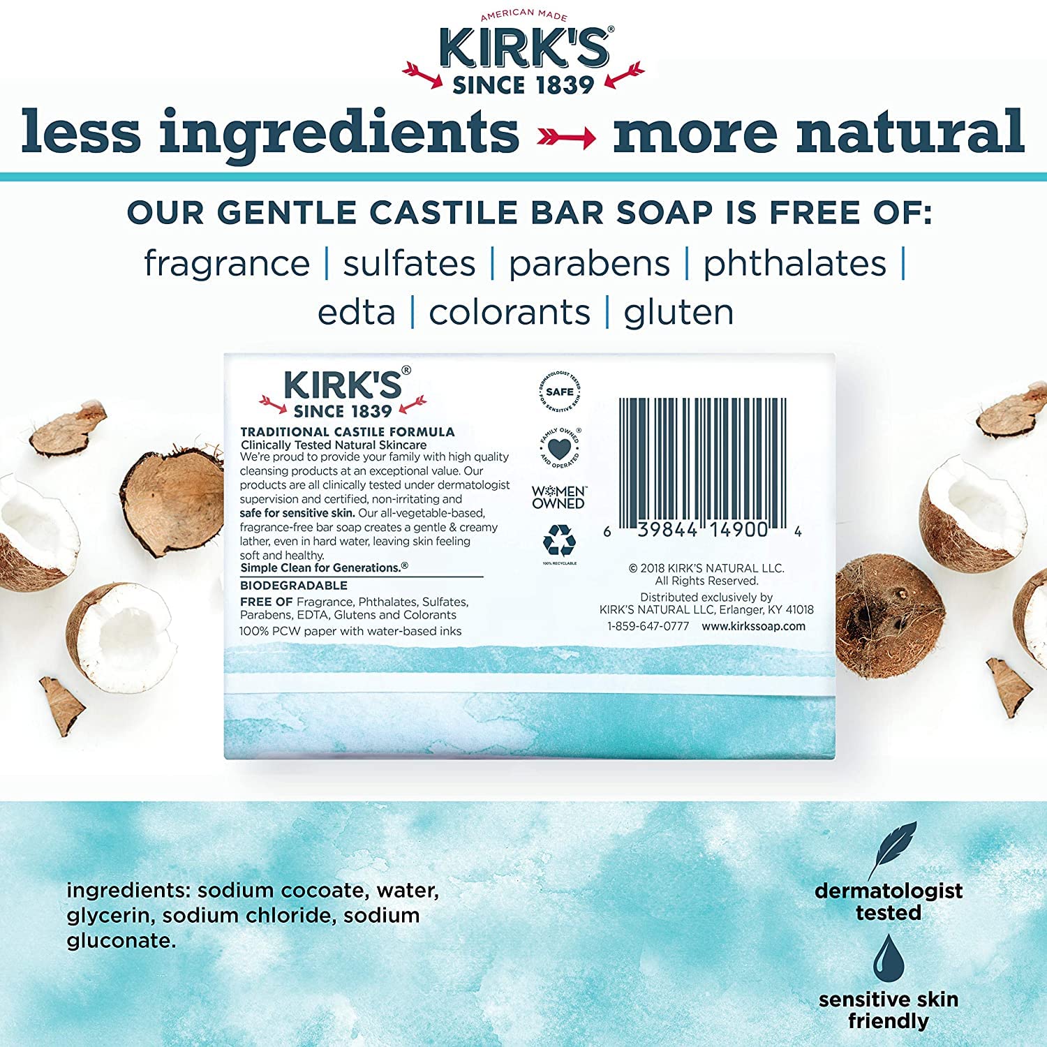 Kirk's coconut oil-based castile soap image—natural ingredients for hydrated skin.