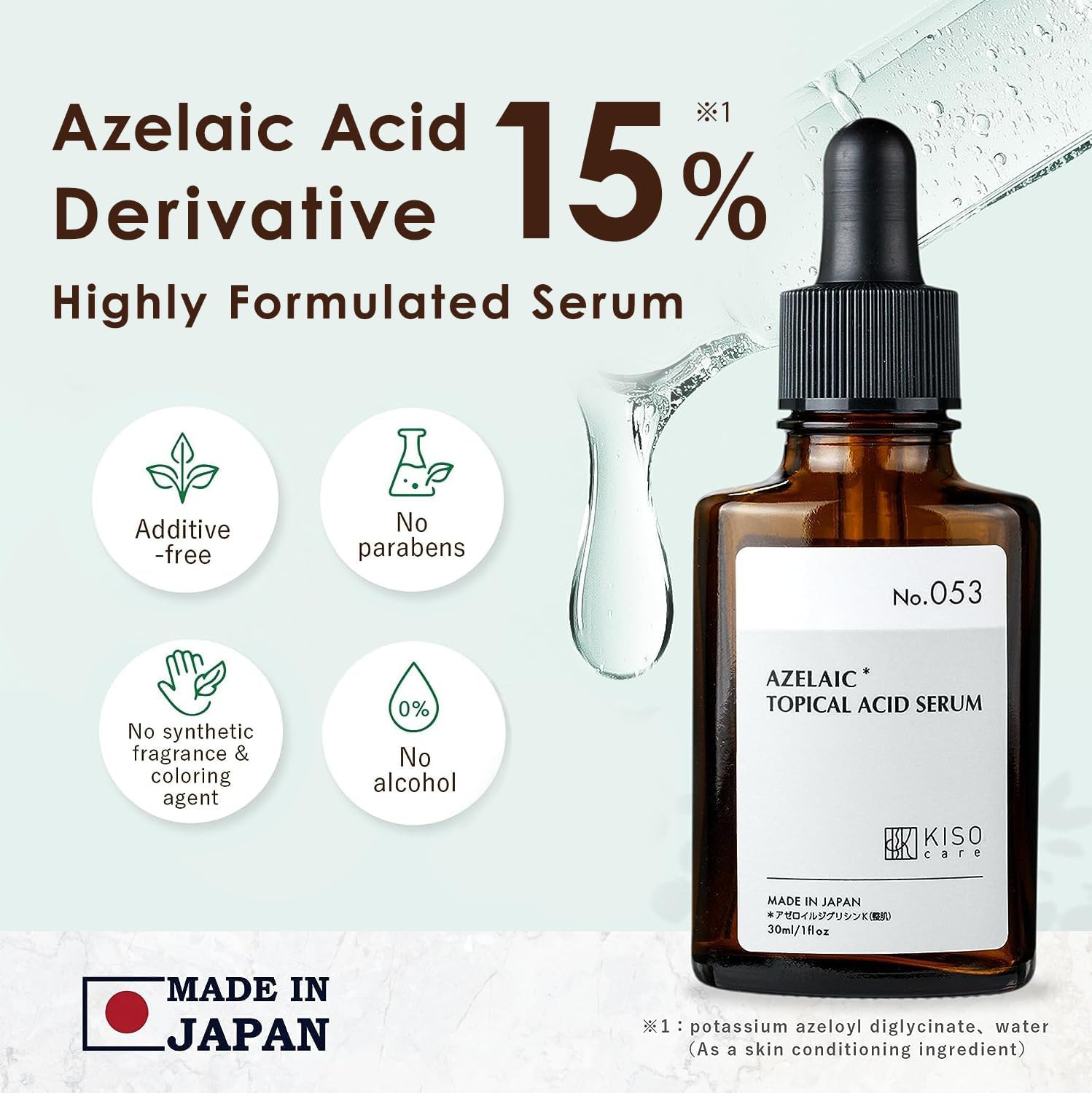 KisoCare azelaic acid serum 15 percent dropper highlights precise daily dosing.