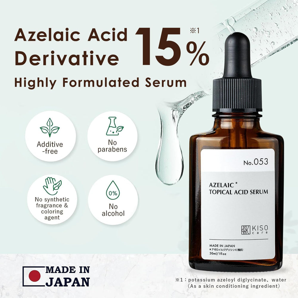 KisoCare azelaic acid serum 15 percent dropper highlights precise daily dosing.