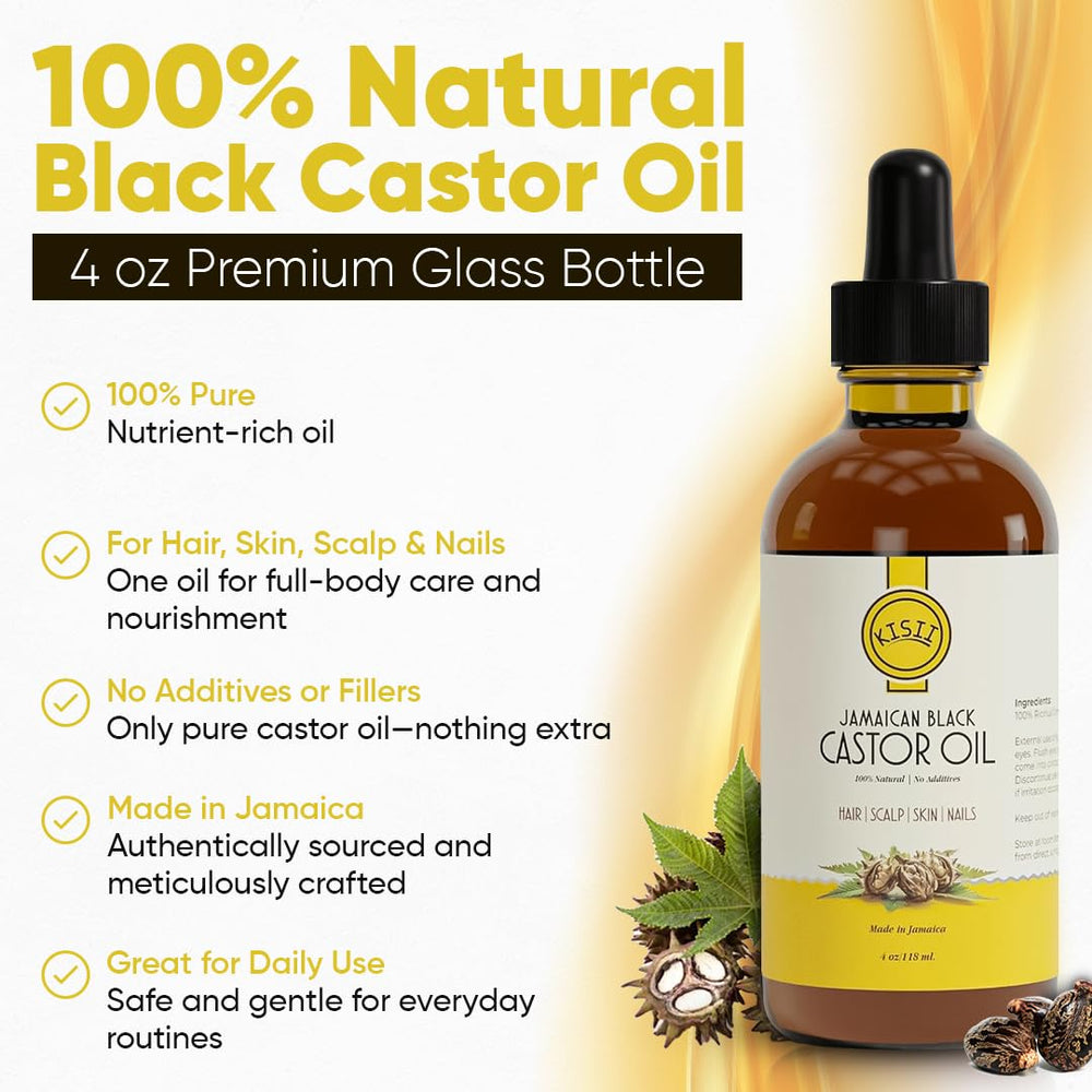 Kisii Jamaican Black Castor Oil bottle showing scalp nourishment and hydration.