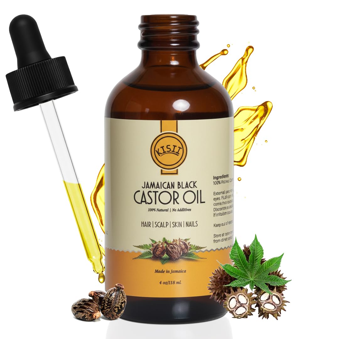 Kisii Jamaican Black Castor Oil bottle highlighting hair growth and scalp nourishment.