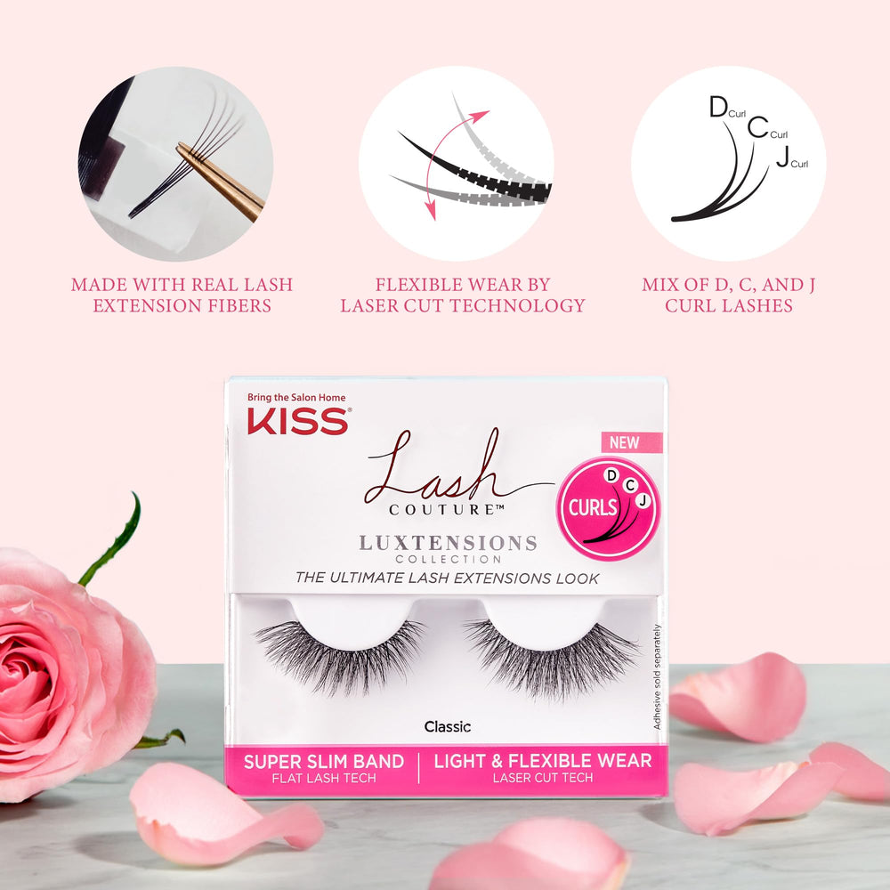KISS Lash Couture LuXtensions Real extension fibers with D, C, J curls for lift.