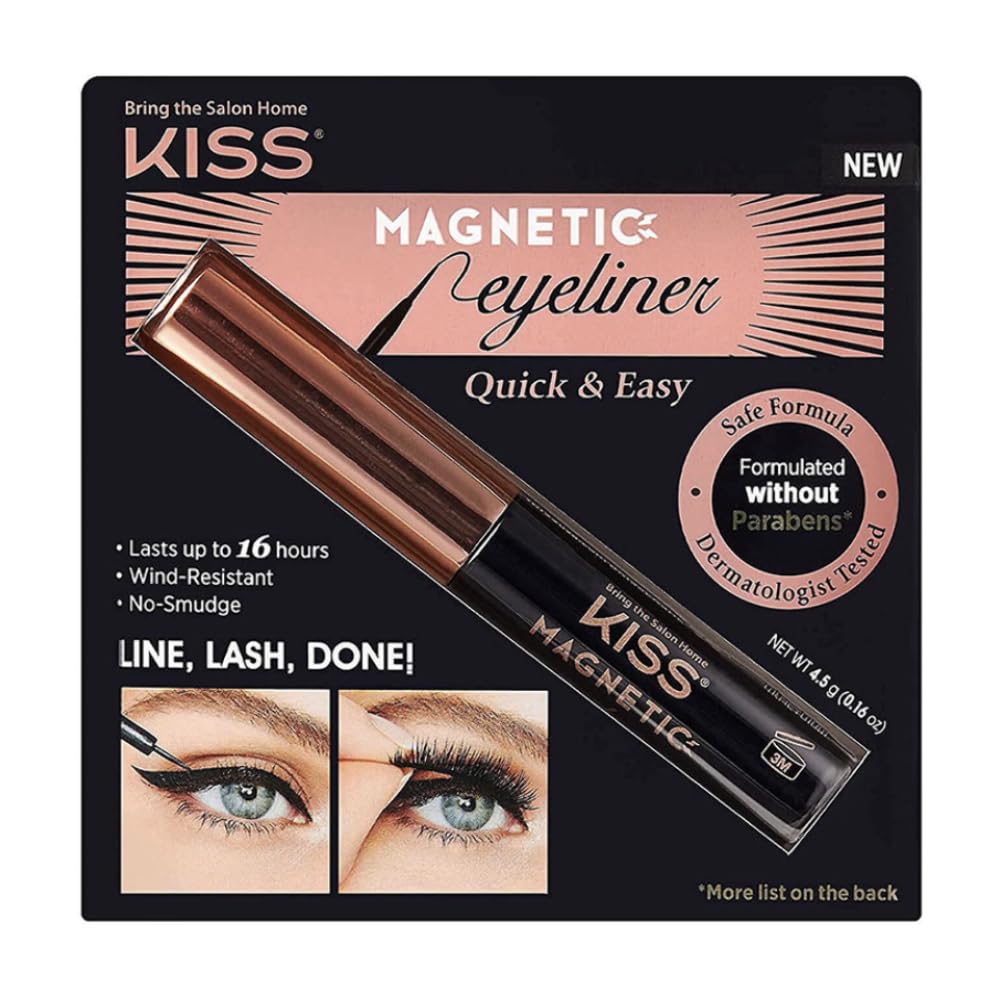 KISS Magnetic Eyeliner black bottle demonstrates long-wear hold for all-day lash security.