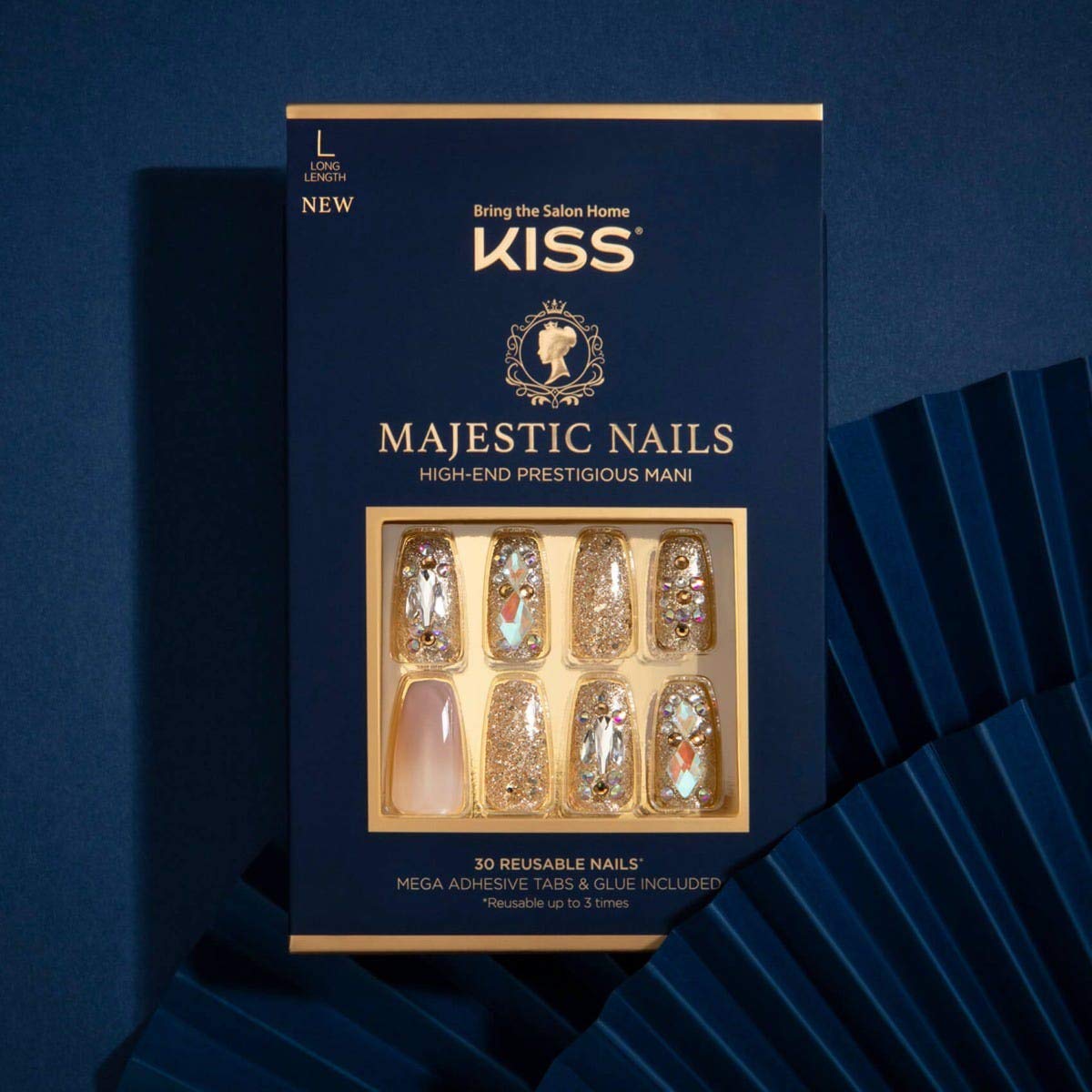 KISS Majestic glue-on nails kit ready-to-apply DIY manicure at home.