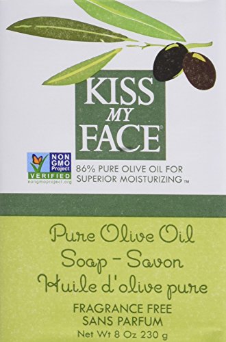 Kiss My Face Pure Olive Oil bar soap close-up highlighting creamy lather potential.