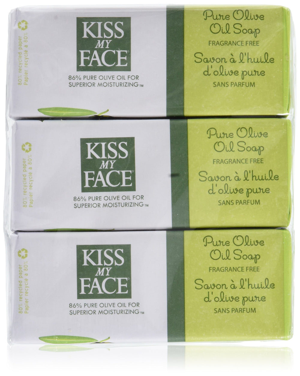 Kiss My Face Pure Olive Oil bar soap front view for daily gentle cleansing and moisturization.