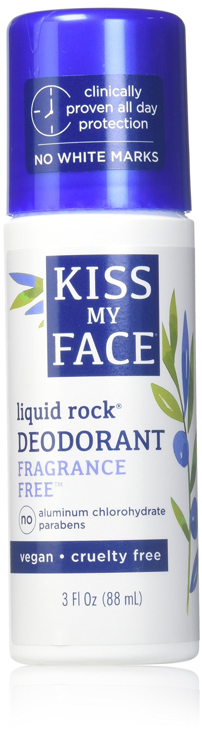 Kiss My Face Liquid Rock Deodorant pack showing three 3 oz bottles for all-day odor protection