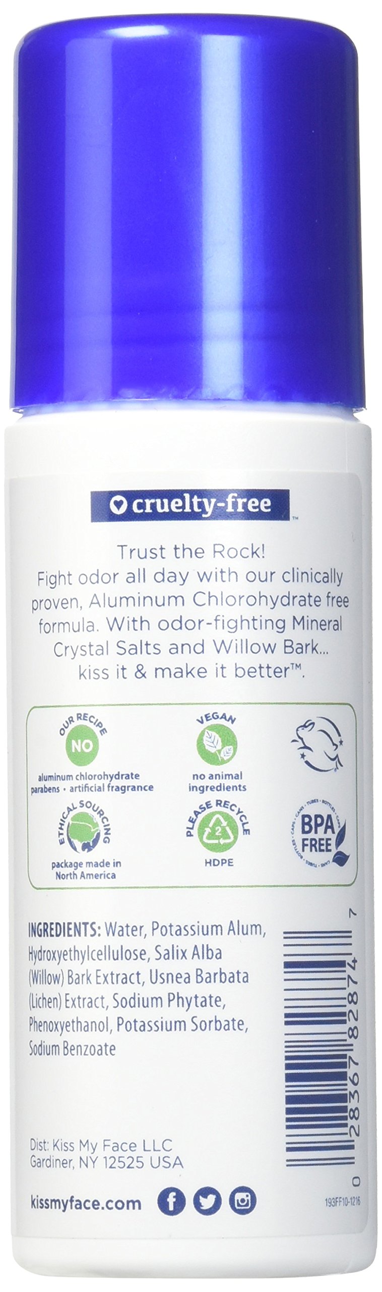Kiss My Face Liquid Rock Roll-On deodorant in action, fragrance-free mineral salts for odor protection