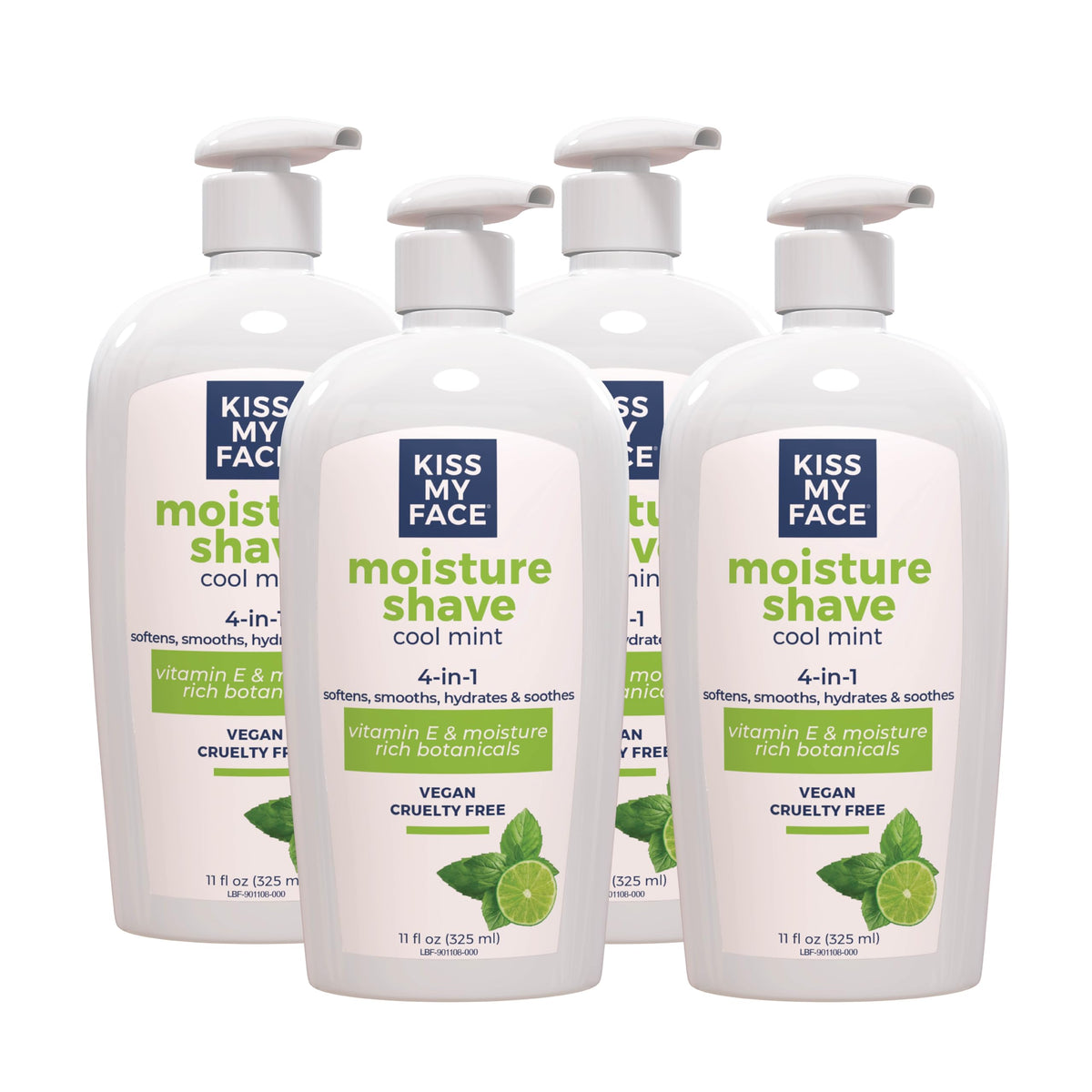 Kiss My Face Moisture Shave Cream bottle pump shows easy, hydrated shaving for face and body