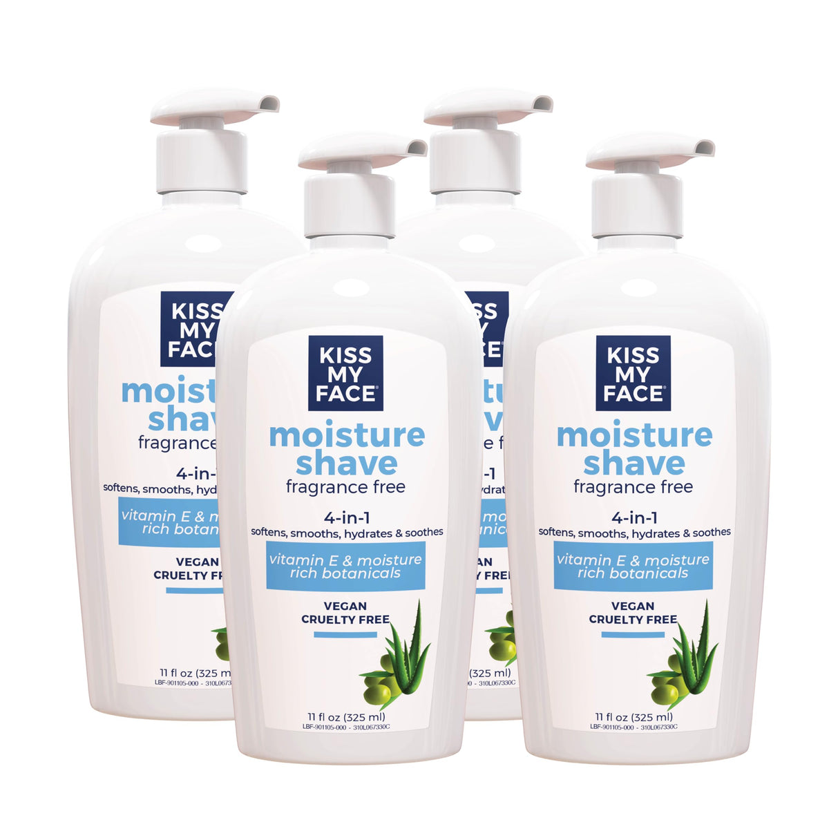 Kiss My Face Moisture Shave Cream pump bottle shows fragrance-free formula for a close, comfortable shave.