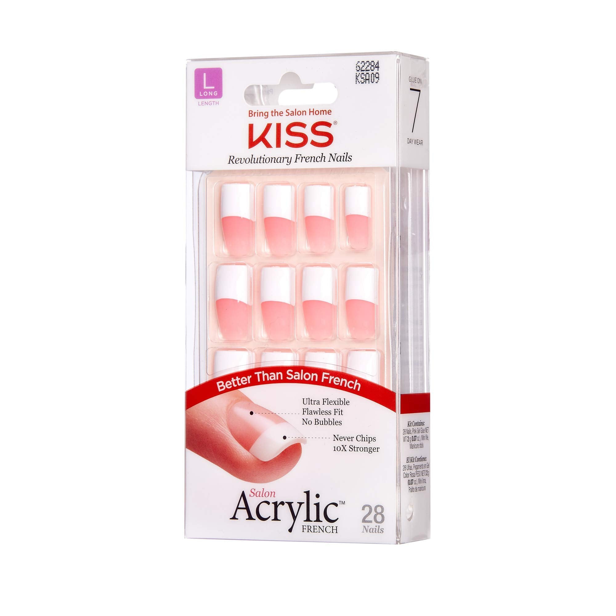 Kiss Salon Acrylic French Kit Long Pack in-use demonstrates flexible tips for comfortable long-wear nails.