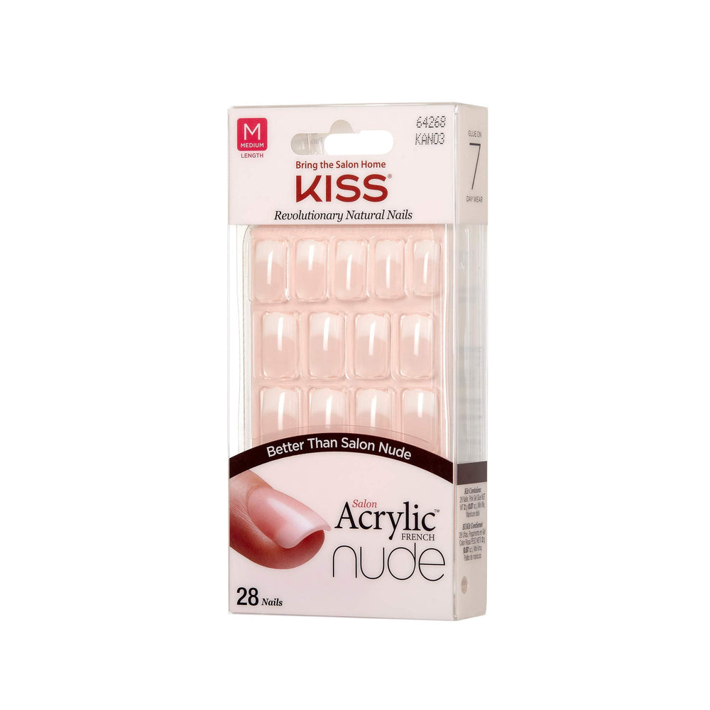 KISS Salon Acrylic Nude French nails during application for natural look.