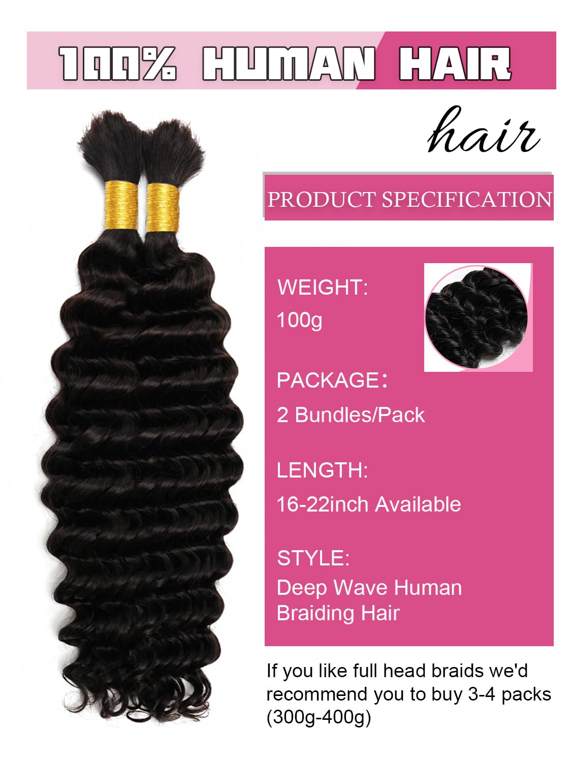 KISS HAIR two-bundle pack 18 inch deep wave exposed ends, full look ready for braids.