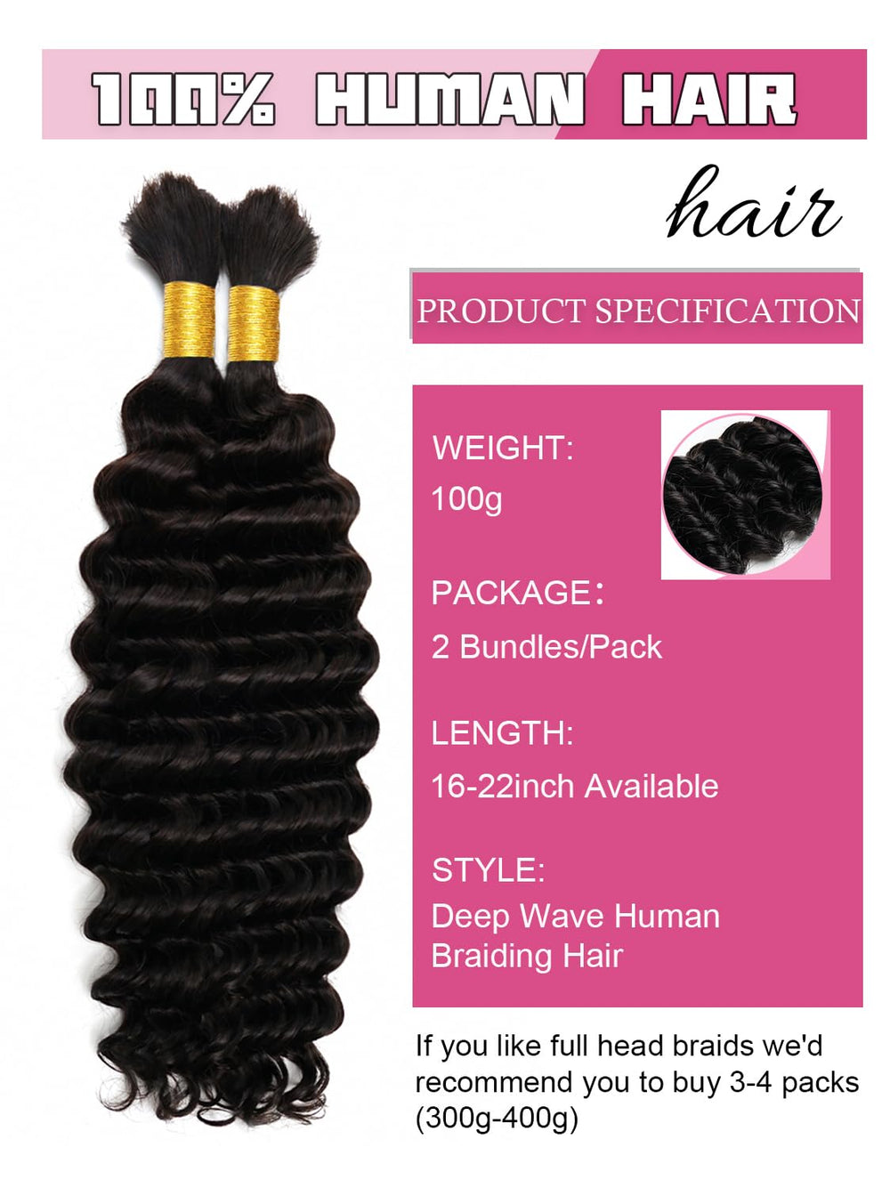 KISS HAIR two-bundle pack 18 inch deep wave exposed ends, full look ready for braids.