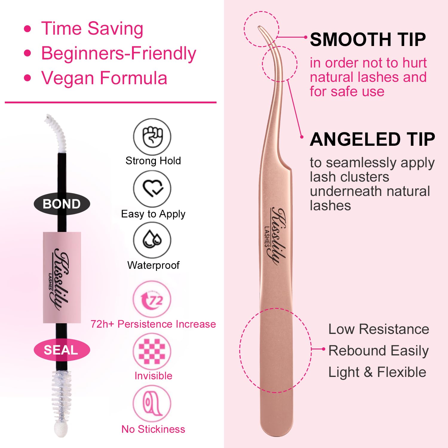 Kisslily Plume Brown Lashes bond seal bottle highlights long-lasting hold.